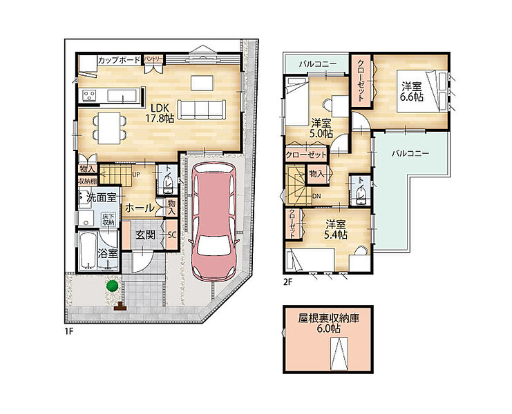 ■M号地　モデルハウス
土地面積 89.17ｍ2（26.97坪）
延床面積 87.75ｍ2（26.54坪）
1階床面積 46.97ｍ2
2階床面積 40.78ｍ2