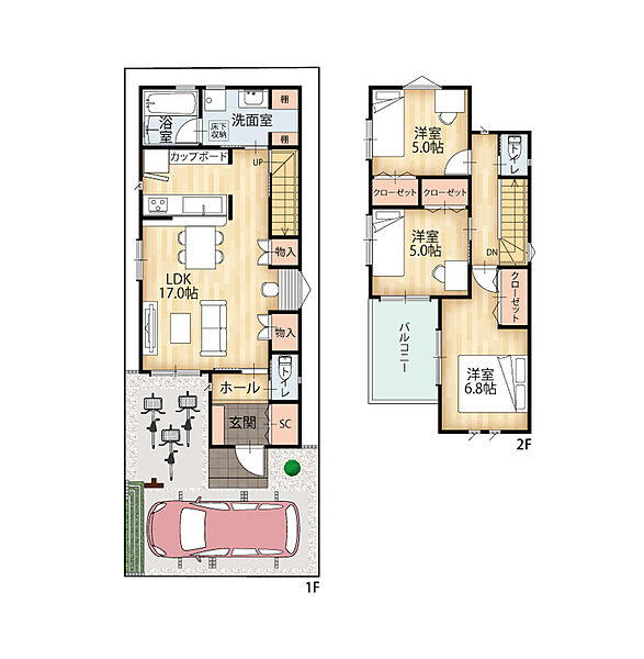 ■D号地 モデルハウス
土地面積 89.82ｍ2（27.17坪）
延床面積 87.73ｍ2（26.53坪）
1階床面積 48.14ｍ2
2階床面積 39.59ｍ2