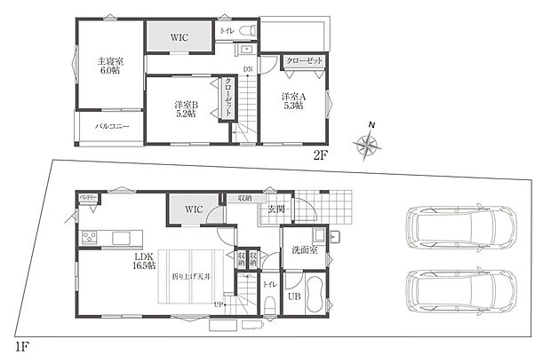 【間取図】１階と２階に大きなウォークインクローゼットを設置。
外出時や帰宅後の身支度がしやすい動線と、たっぷりの収納量を確保しました。