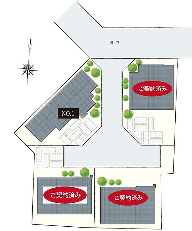【全体区画図】
街区内は車の通り抜けができず、居住者以外の交通が限られる住環境。プライバシーを確保しやすく、お子様やペットとも気軽に散歩に出られます。