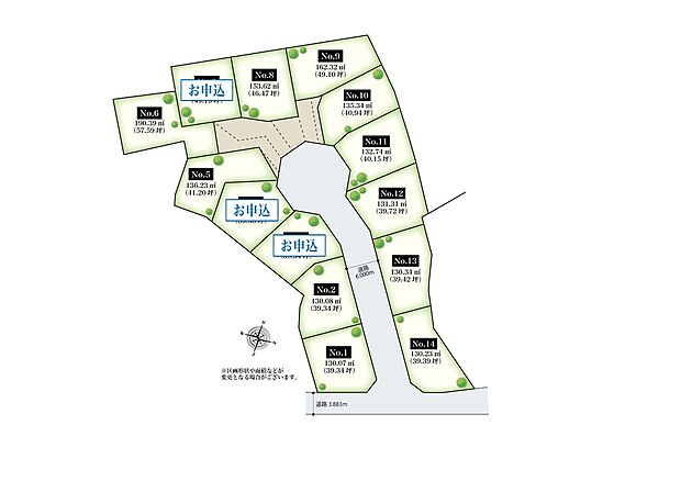 【全体区画図】
落ち着いた住環境と生活利便性を兼ね備えた、今岡町の全14区画。幼保施設や小中学校が身近にあり、子育てファミリーにもおススメの立地です。
