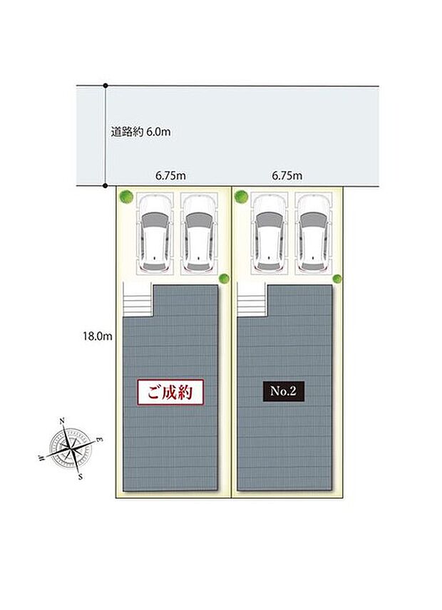  【全体区画図】
吹抜けリビングや豊富な収納スペースが魅力！前面道路は約6m幅とゆとりがあり、車の出し入れがスムーズに◎車2台並列駐車可能です(車種による)。