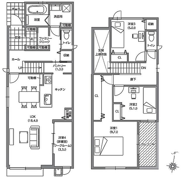 【4LDK+ファミリークローク+シューズインクローク+パントリ】玄関は2WAY動線で目的に合わせて効率的に移動することができます。玄関上部は吹抜けで開放感ある空間です。各階にトイレ有り。