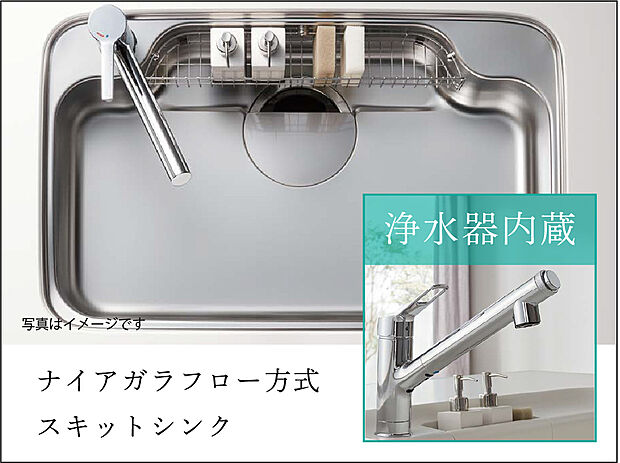 【【シンク】】水を素早く流すナイアガラフォローが汚れを広げずゴミを排水口へ送り、毎日のお手入れも簡単キレイ。広範囲の汚れを洗い流すハンドシャワーも便利です。