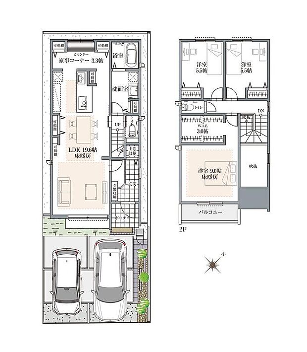 【3LDK+2S】約19.6帖のゆとりあるLDK。北西側にカウンター付きの家事コーナーが設けられています。LDK3ヶ所+約9.0帖の洋室に床暖房付き◎玄関上部は開放感溢れる吹抜け仕様です。
