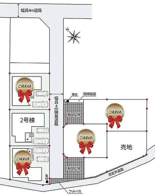 【全体区画図】
幅約4mの開発道路に面した全3区画が建売分譲地です。各区画、車2台分の駐車スペースを確保しているので、隣家との間隔にゆとりがあり、開放感ある住み心地を楽しめます。