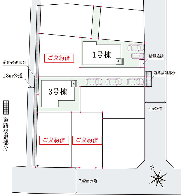 【全体区画図】
南東側前面道路の幅員は約6mで、お車の出し入れがスムーズに行えます。2~3台分の駐車スペースがあり、セカンドカーの所有や来客時、自転車やバイク置場にも重宝します(車種による)。