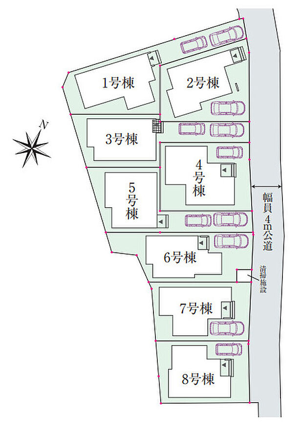 【全体区画図】
小中学校・買い物施設・公園・郵便局が徒歩9分圏内に揃う生活利便性の高い立地。全8棟の新たな街並みが誕生。全棟カースペース付き(車種による)。