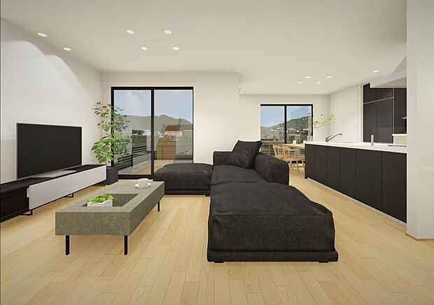 【内観イメージ(LDK)】家族が自然と集まる、広々としたLDK。
料理をしながら会話が弾む、人気の対面キッチンを採用しました。
明るい光が差し込む、開放感あふれる家族団らんの空間です