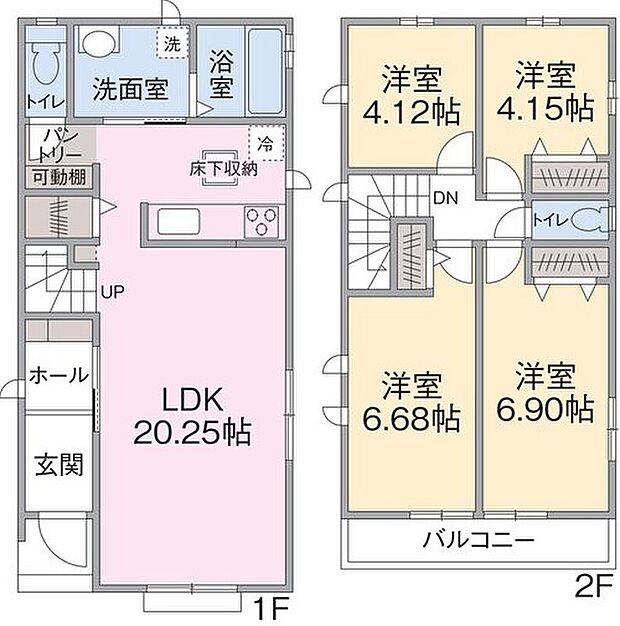 １F　LDK２０．２５帖　
２F　洋室４.１２帖、４．１５帖、６．６８帖、６.９帖