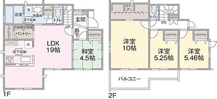 １F　LDK１９帖（パントリー含）、和室４．５帖
２F　洋室５．２５帖、５．４６帖、１０帖、ウォークインクローゼット 