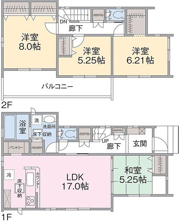 【4LDK】1F LDK17帖(パントリー含)、和室5.25帖
2F 洋室5.25帖、6.21帖、8帖、ウォークインクローゼット