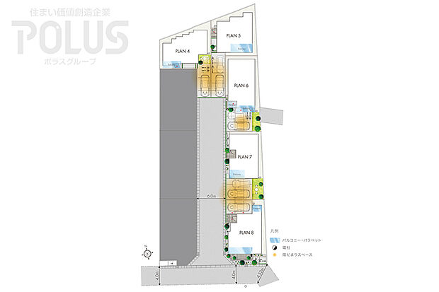 【安心と明るさを享受できる全5邸の配棟計画】
分譲地内道路は通り抜けができず住民以外が利用しにくく安心。アプローチ部分は駐車場を抱き合わせ、開放感を創出。ひだまりスペースとして採光性を高めています。