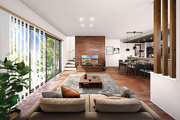 【広々LDK】
20帖以上の広さを確保したのびのびと使えるLDKが魅力のプラン。また、家事や子どもの勉強などにも活用できるファミリーカウンターを設置しました。※号棟により採用状況が異なります。