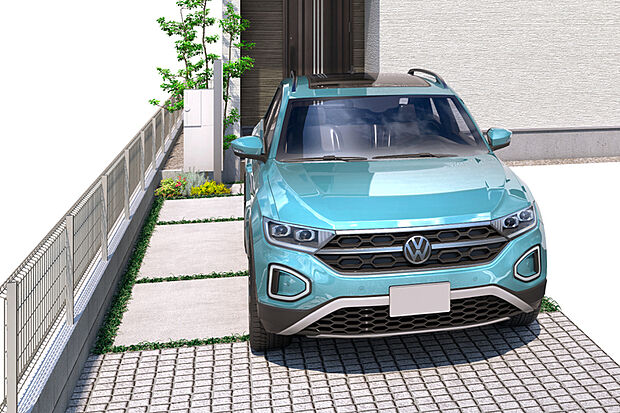 【【温かな陽光が注ぐ設計】】カースペース部分にうまれた陽だまり空間に向けて開口を設けることで、明るさと視線が抜ける開放感を創出します。