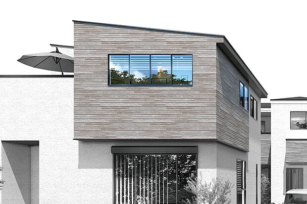 【【木目調のアクセントが印象的なファサード】】雨で汚れを洗い落とすセルフクリーニングする外壁。片流れ屋根とスクエアなフォルムが幾何学的な美しさを生み出します。※号棟により採用状況が異なります。