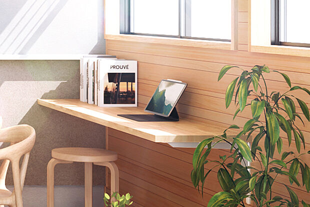 【【マルチカウンター】】ダイニング側の窓際にテレワークや子どもの勉強など多彩に活用できるカウンタースペースを設置。窓から注ぎ込む陽光に心地よさを感じながら作業できます。※号棟により採用状況が異なります。