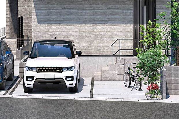 【【2台対応のカースペース・サイクルスペース】】生活に欠かせない車や自転車用のスペースを確保。通勤通学や普段のお買い物、休日のお出かけの際にも重宝します。※号棟により2台目は車種制限有り。
