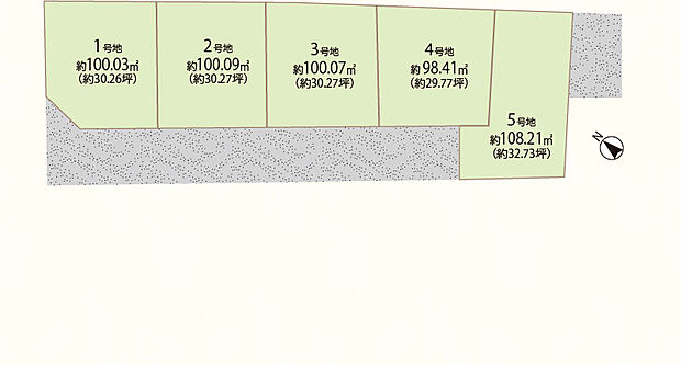 区画図画像:全5区画の配置図。1~3号地は約100.03~100.09m2のほぼ100m2台、4号地約98.41m2、5号地約108.21m2。整形で自由設計がしやすく、ゆとりある住まいを叶えます。