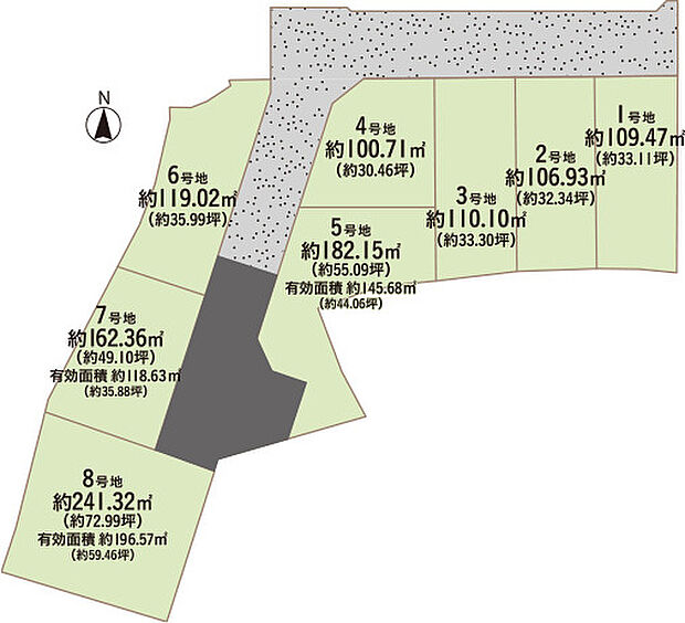 全8区画の落ち着いた街並みは、全戸30坪以上のゆとりある敷地を確保。自由設計対応なので、家族の成長に合わせた理想の間取りをカタチにできます。