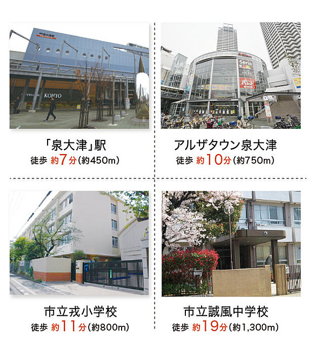 最寄りの「泉大津」駅は急行停車駅。「なんば」駅まで乗換無しでアクセスでき、毎日の通勤・通学や休日のお出かけも楽々です。さらに、北側には阪神高速もあるので、車での移動にも便利な環境です。