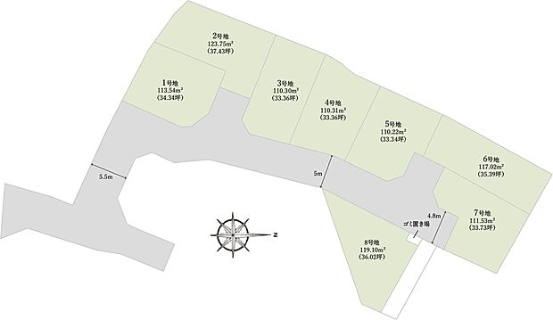 【全体区画図】
交野市倉治に新規8区画誕生！駅・教育施設が近く、子育て世帯にも嬉しい『ナチュリテ交野倉治』。ご希望の予算や広さに合わせて、お好きな区画をお選びいただけます。