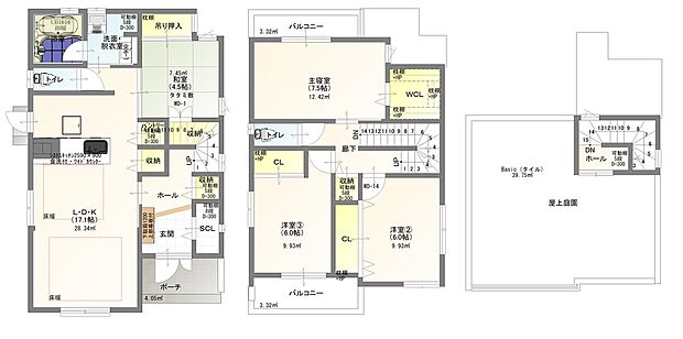 B棟　間取り図
６棟の中で和室があるのはB棟のみ！
来客用としてはもちろんですが、子どもの遊び場、お昼寝も最高です♪
明るいLDKは広々17.1帖。どのお部屋にも収納を完備しています！