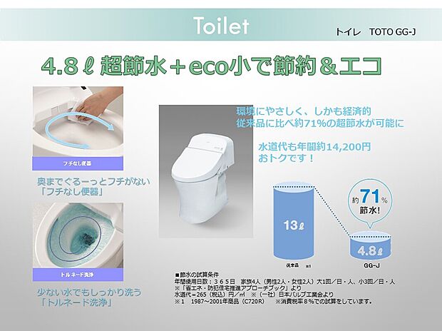 【トイレ】トイレ:「フチなし便器」と「トルネード洗浄」でお手入れ簡単。従来品に比べ超節水が可能になりました。環境に優しく水道代の負担も軽く経済的です。