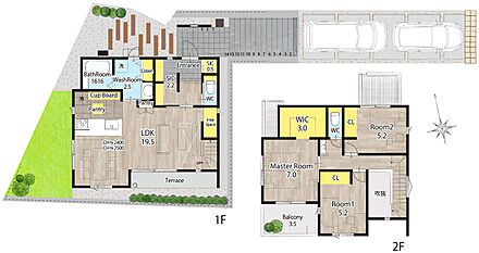19.5帖のゆとりあるLDK。
半独立型カウンターキッチン＋パントリー付きで家事効率◎。 