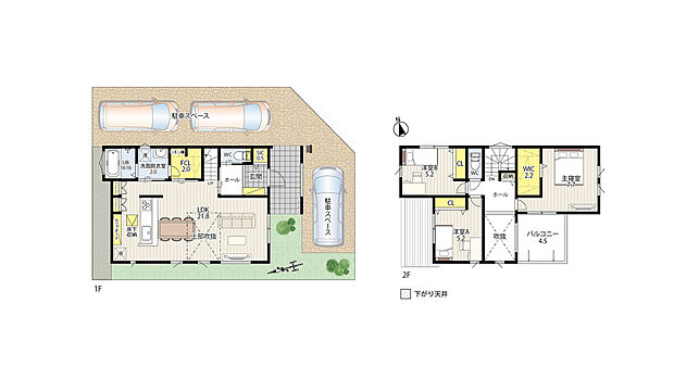 【参考プラン】敷地にも住まいにも、ゆとりあるスペースを確保した一邸。玄関ドア前の広々としたポーチ空間は、雨の日でも濡れにくく、傘の開閉や荷物の出し入れもスムーズ。21.8帖の広々LDKや充実した収納など、暮らしやすさにもこだわった住まいです。