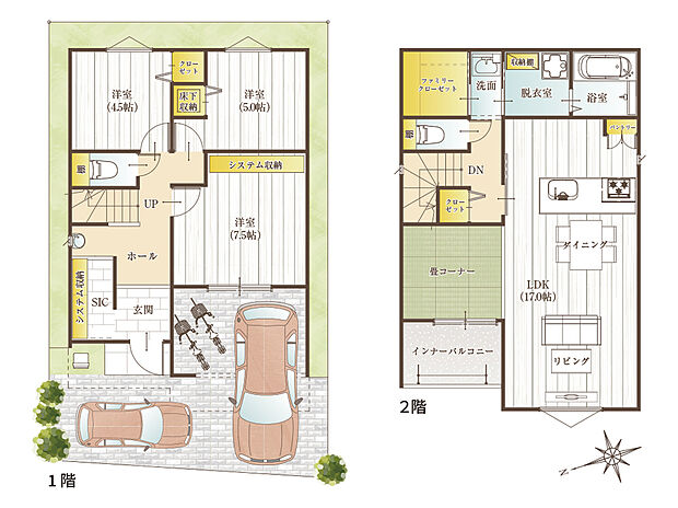 駐車スペースも2台分を確保。
広い玄関には大容量のシステム収納とお帰り洗面。
クローゼット、洗面、脱衣室、浴室が一直線で使い勝手抜群の導線。
珠玉のコンセプトハウスを是非ご覧ください。