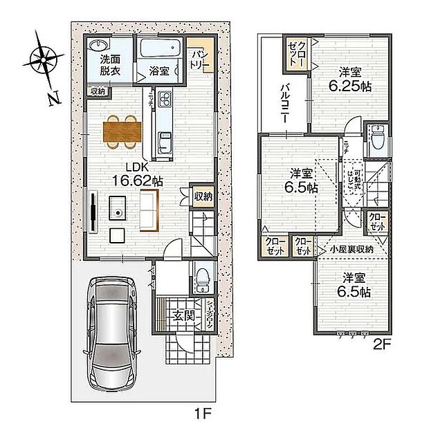 工夫を凝らしたプランで、16帖超LDK+2階全居室6帖以上+随所の収納、を叶えた間取りです♪