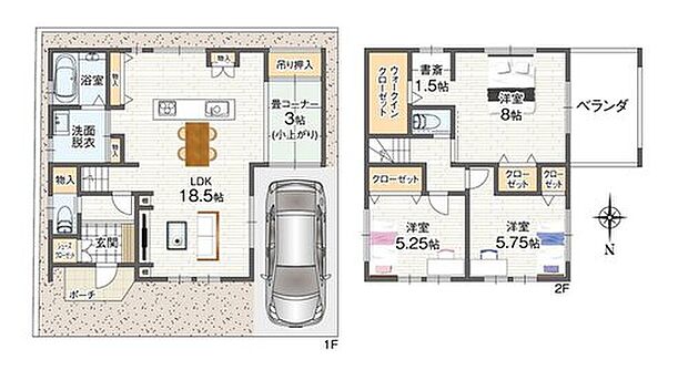 約18.5帖のLDK横には小上がりの畳コーナーを配し、ほっこりと寛げる空間へ。2階の主寝室には書斎があり、趣味やお仕事に集中する場所として使えます。