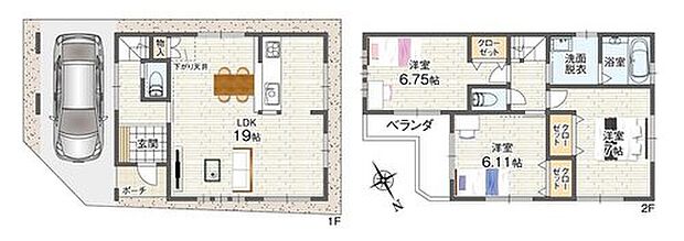【建物プラン例】
長期優良住宅で、安心の暮らしをご提案。全居室6帖以上+2面以上の採光で、快適に過ごせる室内を実現!収納も各所に設け、スッキリと片付く住まいです。