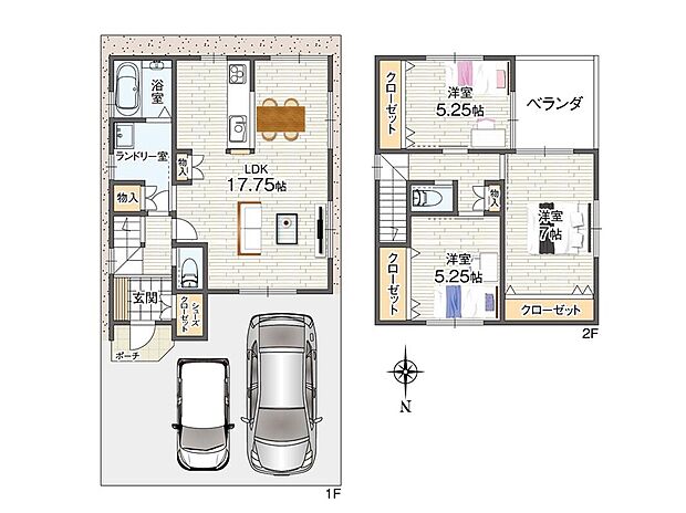 建物価格1843万円、建物面積87.06m2
ゆったりとしたランドリー室があるので、梅雨や花粉の季節の部屋干しに便利です。駐車スペースは2台分(車種による)確保しました。