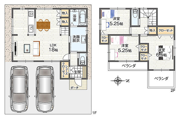【建物プラン例(8号地PLAN-B)】3LDK、土地価格1530万円、土地面積100.96m2、建物価格1930万円、建物面積85.05m2
玄関のシューズインクローゼットや、リビングの2ヶ所の物入など、要所要所に収納を設けました。各階のお荷物がすっきりと片付く住まいです。