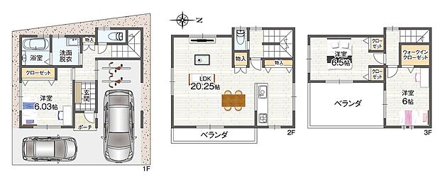 建物価格2125万円、建物面積96.38m2
LDKはゆとりのある約20.25帖を確保。4面採光・2階リビングの間取りを採用した建物プラン。2台分のカースペースも検討可能です(車種による)。