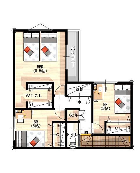 3部屋（主寝室8.5畳+WICL・子供部屋5畳×2）