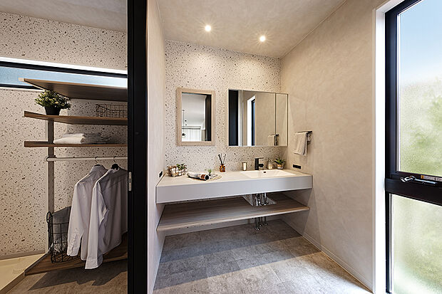 【【最終公開中のNEWモデルハウス/洗面・ランドリールーム】】ランドリールームは家事ラクには欠かせません。洗って干して、洗面も近くて何かと便利!