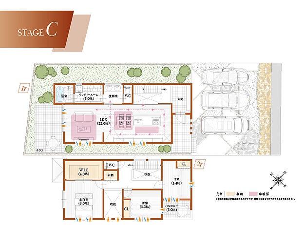 【【C号地建物参考プラン】】【C号地参考プラン】
アイランドキッチンや広々テラスを取り入れた、ゆとりある暮らしを叶えるプラン。
ランドリールームがあるので時間も天候も気にせず洗濯が出来て◎
建物面積:113.45m2