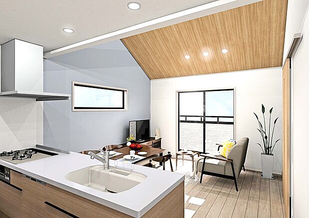 【完成予想図　キッチン】ペニンシュラキッチンがリビングとの一体感を演出。大切な人との会話も弾みます。　※図面を基に描いたもので実際とは異なります。調度品等」は含みません。