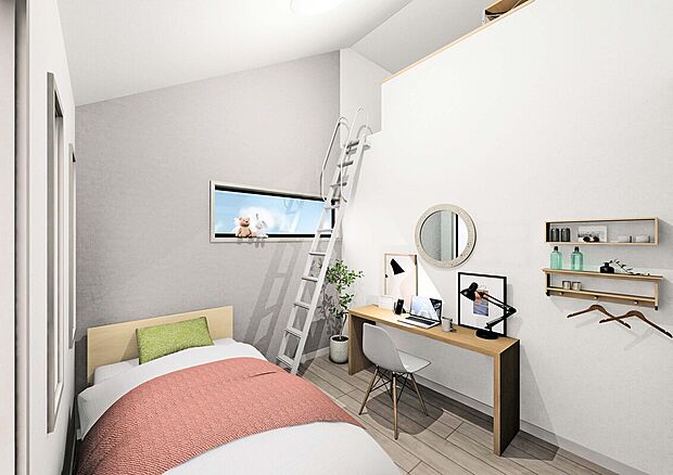 【完成予想図　２階洋室】吹抜の勾配天井が空間の広がりを演出、ロフト付きでお部屋は広々。掃き出し窓がないせいか、安心感のあるお部屋です。　※図面を基に描いたもので実際とは異なります。調度品等は含みません