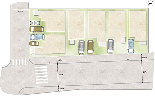 【全体区画図】
土地面積約28.73坪～約30.85坪。角地や整形地など、お好みやライフスタイルに合わせた区画をお選びいただけます。