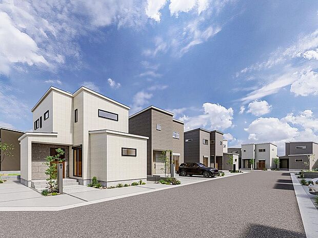 【建物外観パース】
自由設計対応!センターキッチンやマルチクロークなど、ご家族の理想の住まいを実現できます。家族構成や生活スタイルに合わせた、暮らしやすいプランをご提案いたします。