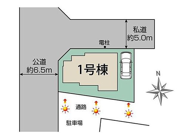 全体区画図
開放感ある角地に佇むお住まい☆南側にも適度な空間があり、日当たり・風通し共に良好な住環境です！