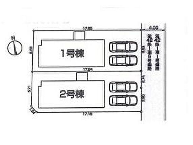 【全体区画図】
一戸建ての多いエリア、静かで落ち着いた雰囲気。
カースペース２台分ございますので、家族分の自転車を駐輪したり、来客用の駐車スペースとしてもお使いいただけます。