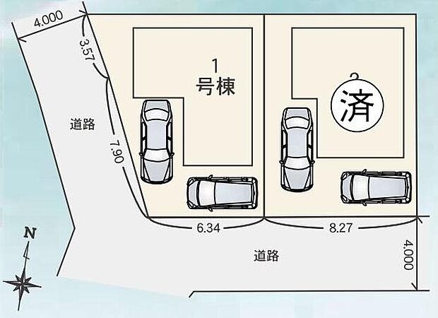 【全体区画図】☆1号棟☆開放感ある角地です♪南道路に面しているので日当たり良好!
駐車スペースは2台分!急な来客時も安心です♪