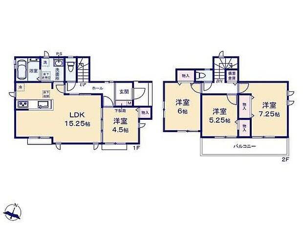 【4LDK】◇水回り集中設計で家事導線がらくらくです♪◇リビングに続く居室の引き戸を開ければ大空間が広がります♪◇２階廊下には備蓄倉庫完備♪全居室収納完備でお部屋がスッキリ片付きます♪