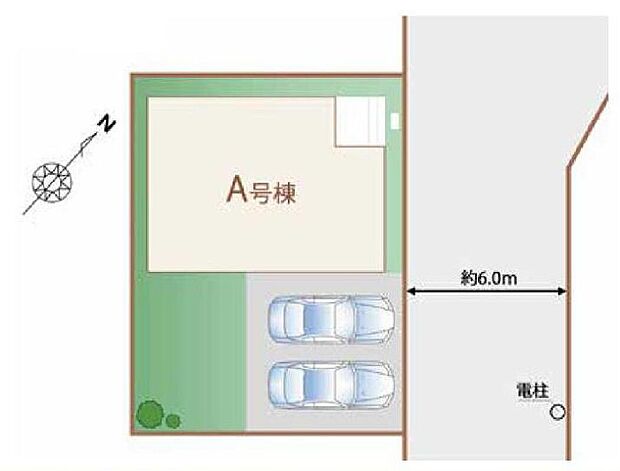 【全体区画図】2台を並列駐車できるゆとりあるカースペースです！
前面道路は車通りが少ないため、お車の出し入れもラクラク♪
