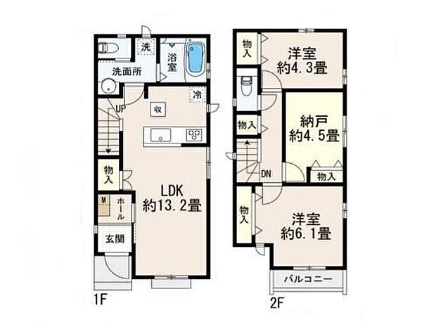 【2LDK+S】キッチンと洗面所が近く洗濯物を洗っている間にご飯の下ごしらえなど効率的な家事動線の間取り設計。ついつい散らかりがちなリビングにも物入れが備わっているのは嬉しいですね♪